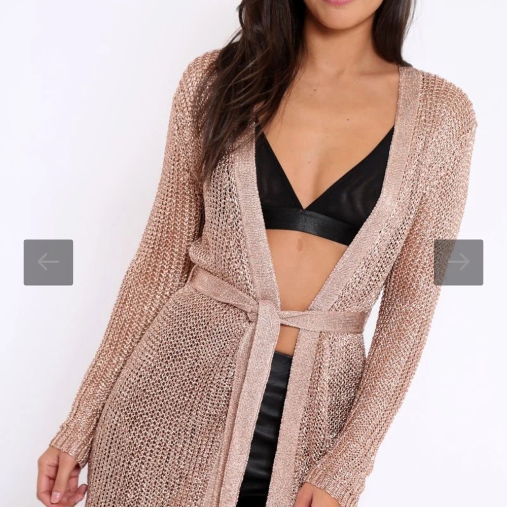 Elegant Rose Gold Metallic Open-Front Cardigan